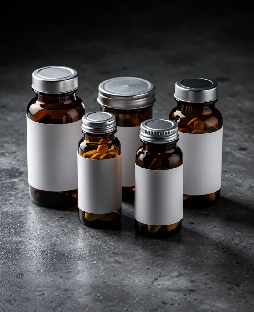 Amber glass supplement bottles on concrete