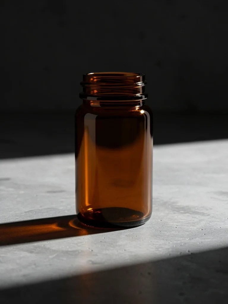 Amber glass supplement bottle on concrete surface