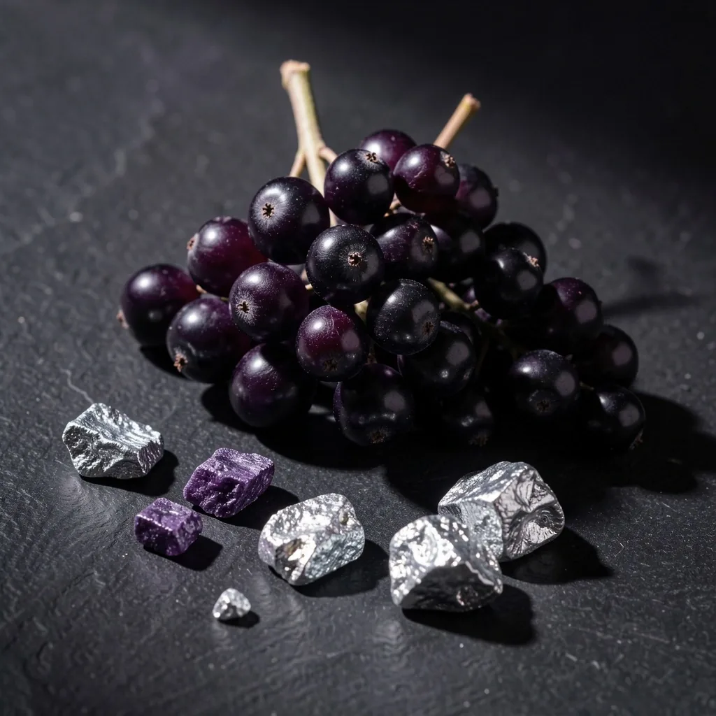 Elderberry clusters and zinc crystals on black surface